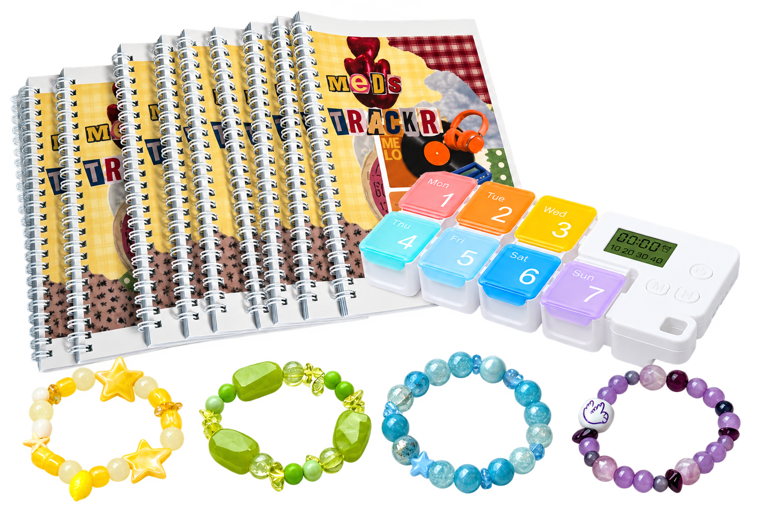 Aurabridge medication journals, reminder pill box, and handmade fundraising bracelets