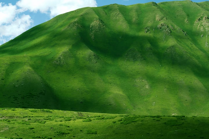 Sunlight and cloud shadows across rounded green hills
